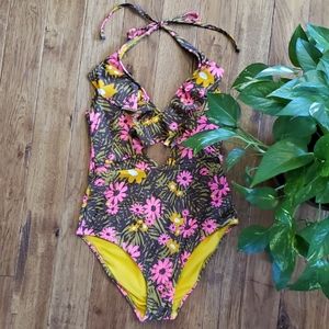 Aerie One Piece Floral Halter Ruffle Swimsuit